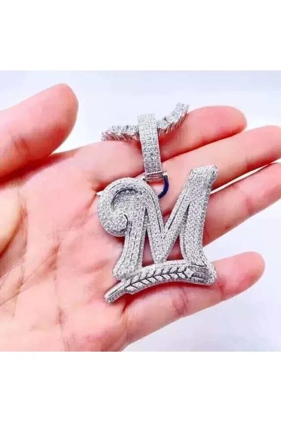 3 Ct Round Cut White Moissanite Custom Letter M Men's Pendant 14K White Gold Plated