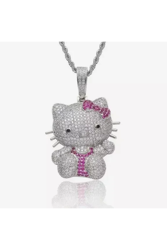 3 Ct Round Lab Created Diamond Cartoon Hello Kitty Pendant 14K White Gold Plated