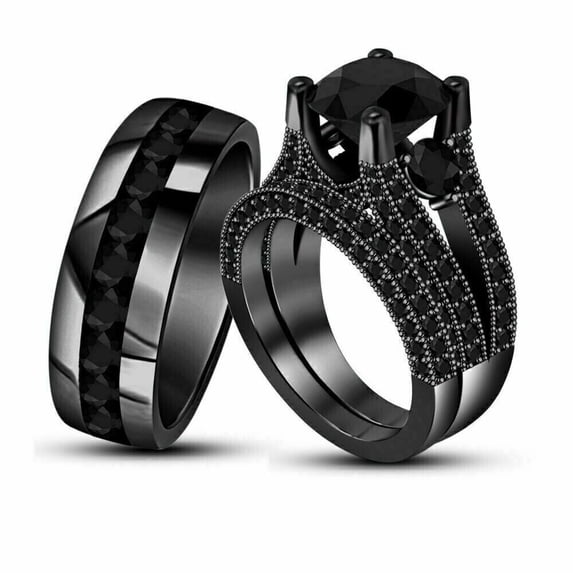 3 Ct Simulated Diamond 14K Black Gold Plated Trio His & Her Wedding Ring Set Silver