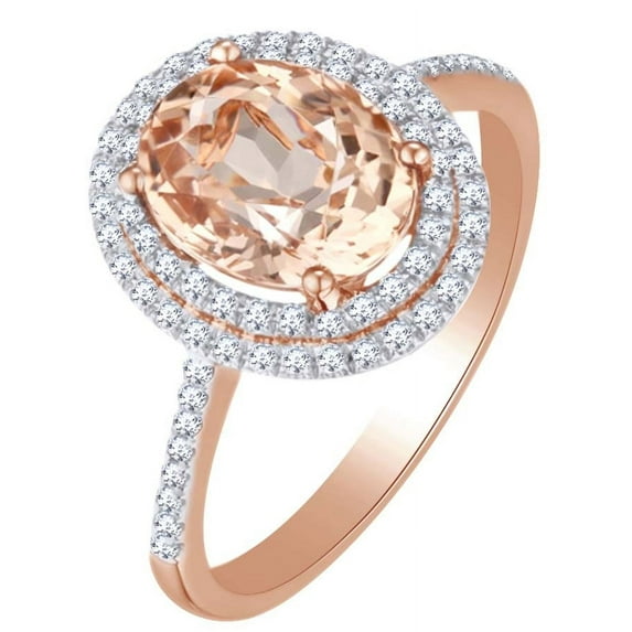 AFFY 3 Ct Simulated Morganite & White Natural Diamond double Halo Engagement Ring in 10k Rose Gold Ring Size - 8