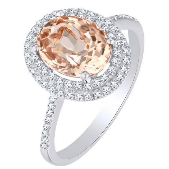 AFFY 3 Ct Simulated Morganite & White Natural Diamond double Halo Engagement Ring in 10k White Gold Ring Size - 12