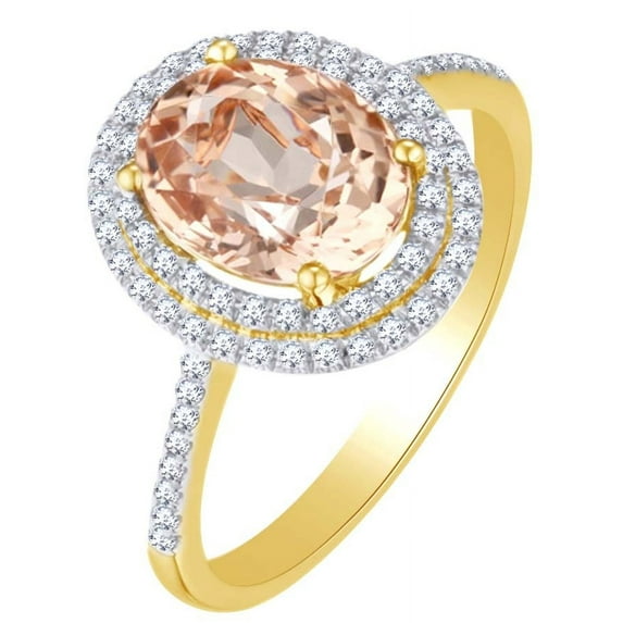 AFFY 3 Ct Simulated Morganite & White Natural Diamond double Halo Engagement Ring in 10k Yellow Gold Ring Size - 8.5