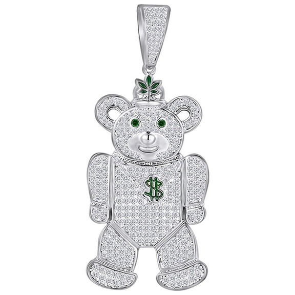 AFFY 3 Cttw White Natural Diamond & Simulated Emerald Hip Hop Jewelry Teady Bear Pendant In Sterling Silver