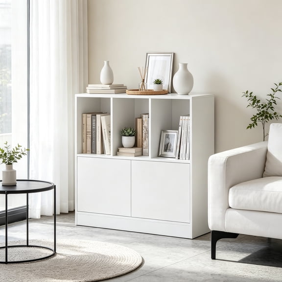 3-Cube Bookcase, 3-Tier Bookshelf with Cabinet, Modern Book Shelf for Small Space, Open Storage Organizer Unit for Study, Home Office, Living Room (White)