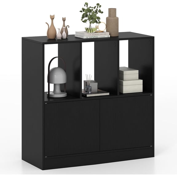 3 Cube Bookcase with Doors, 3-Tier Cubby Book Shelf Open Compartments, Cabinet, Wooden Small Display Shelf, Freestanding Cubic Storage Organizer for Living Room, Study (1,Black)