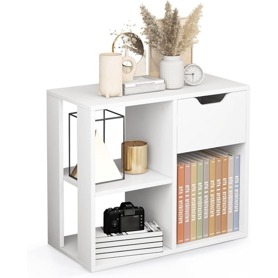 3 Cube Bookcase with Drawer, 2 Tier Bookshelf for Small Space, Modern Freestanding Display Rack with Open Shelves, White Book Case, Wood Cube Storage Organizer Bedroom Living Room