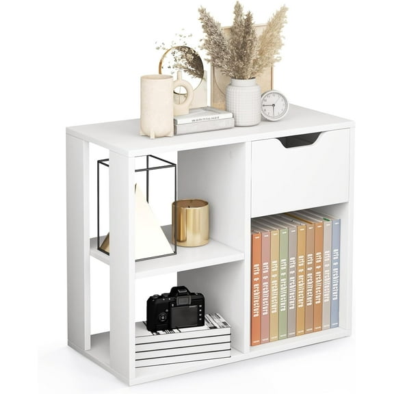 3 Cube Bookcase with Drawer, 2 Tier Bookshelf for Small Space, Modern Freestanding Display Rack with Open Shelves, White Book Case, Wood Cube Storage Organizer Bedroom Living Room