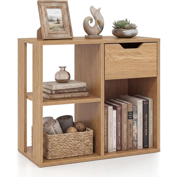 3 Cube Bookcase with Drawer, 2 Tier Bookshelf for Small Space, Modern Freestanding Display Rack with Open Shelves, Wood Cube Book Case Storage Organizer for Bedroom Living Room, Natural