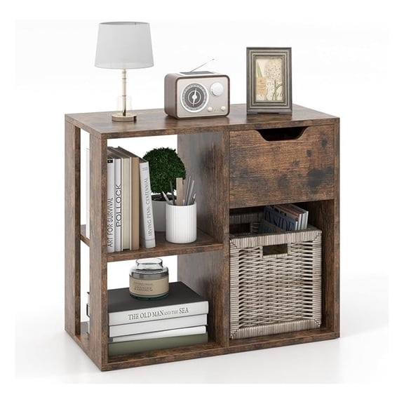 3-Cube Bookshelf with Drawer, 2-Tier Open Shelf Bookcase, Freestanding Display Shelf, Modern Home Storage Organizer, Shelving Unit for Living Room, Bedroom, Study, Office (1, Rustic Brown)