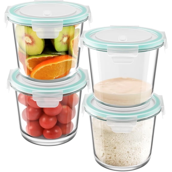 3 Cup Glass Meal Prep Containers With Turquoise , Airtight 23oz glass Storage Container Set, Heat-Resistant for feeding the Southern Starter, Microwave, Dishwasher, Freezer Safe (4 Packs)