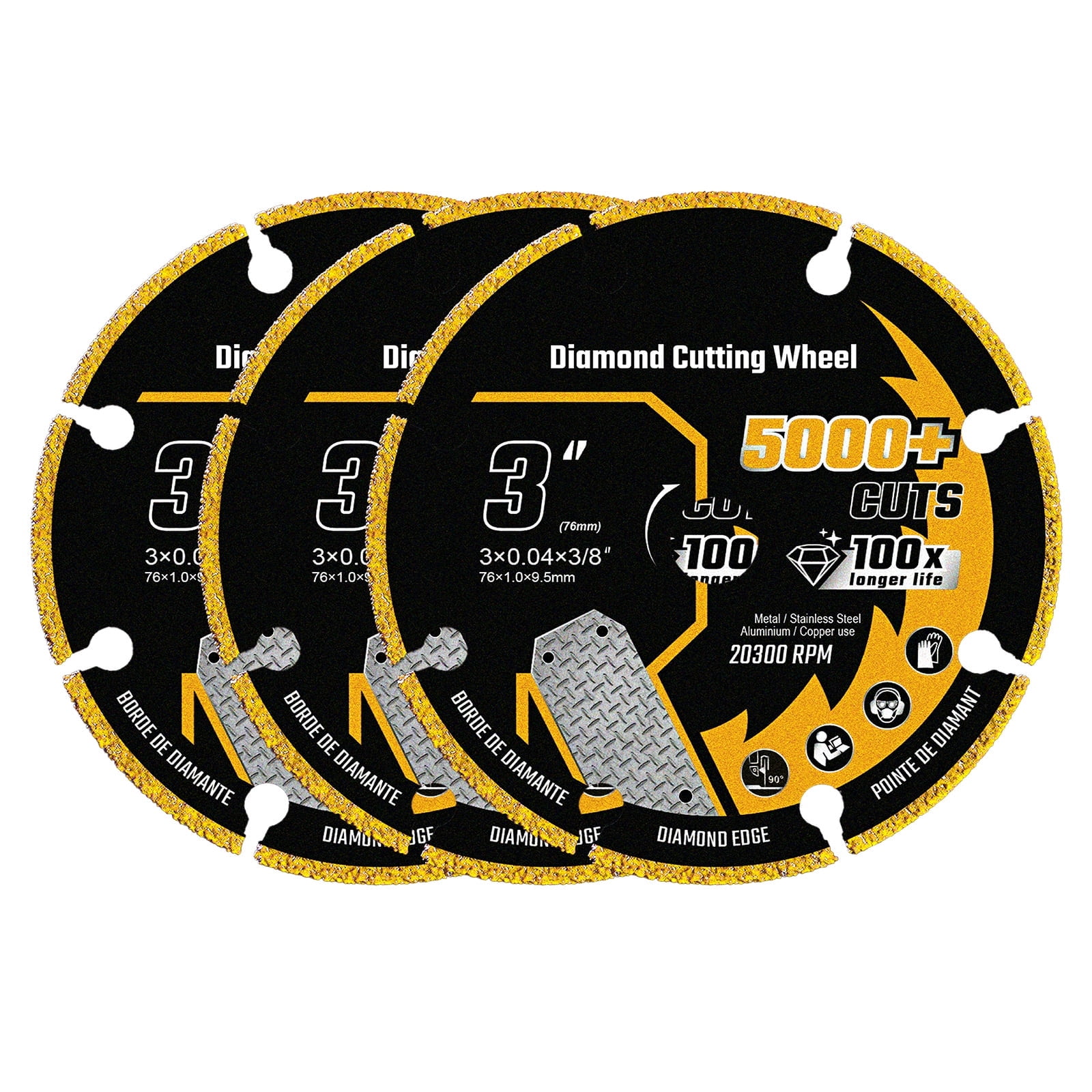 3" Cut Off Wheel, Diamond Cutting Wheel for Metal with 5000+ Cuts on Rebar, Steel, Iron and INOX, Metal Cutting Blade with 3/8" Arbor for Angle Grinders (Pack of 3)
