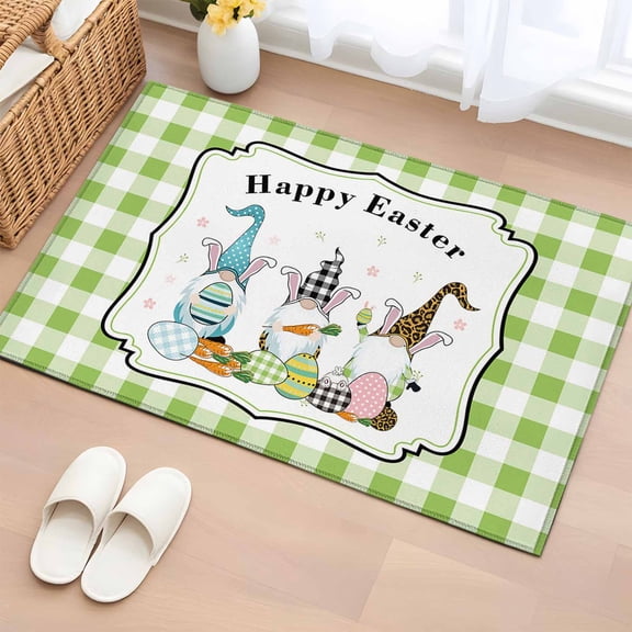 3 Cute Easter's Plaid Gnomes Check Egg Buffalo Border,Bathroom Mats 2x3 FT,Non Slip Small Kitchen Mat,Geometric Egg Buffalo Border Washable Soft Backed Front Door Throw Rugs Doormat for Entryway Sink