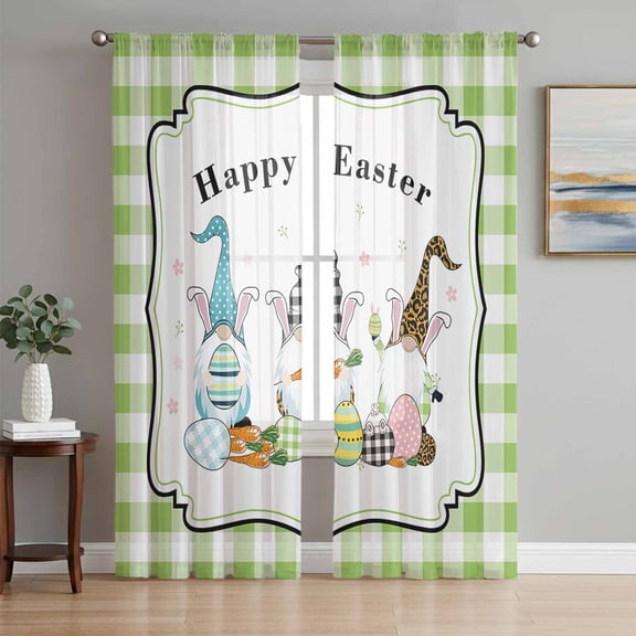 3 Cute Easter's Plaid Gnomes Check Egg Buffalo Border,Semi Sheer Curtains 108 Inch Length 2 Panels Set,Geometric Egg Buffalo Border Sheer Kitchen Curtain Privacy Window Curtain for Living Room Drapes