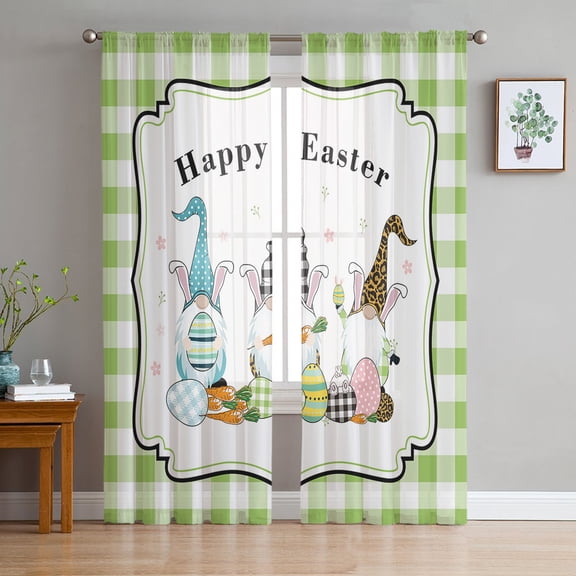 3 Cute Easter's Plaid Gnomes Check Egg Buffalo Border,Sheer Curtains 72 Inches Long 2 Panels Set,Window Curtains for Living Room/Bedroom,Geometric Egg Buffalo Border Light Filter Curtain 52''x72''x2