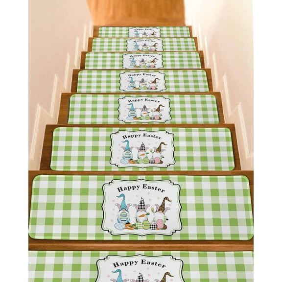 3 Cute Easter's Plaid Gnomes Check Egg Buffalo Border,Stair Treads for Wooden Steps Indoor Runner Rug,Geometric Egg Buffalo Border 4 Pieces Peel and Stick Staircase Step Treads Covers Door Mat,30"x8"