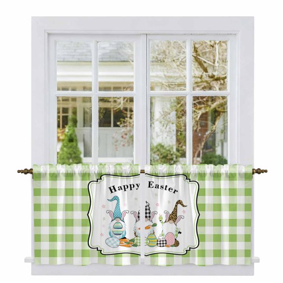 3 Cute Easter's Plaid Gnomes Check Egg Buffalo Border Tier Curtains,Geometric Egg Buffalo Border Light Filtering Kitchen Curtains,2Pcs Half Window Treatments Panels for Sink Cafe Cabinet 27.5x24In