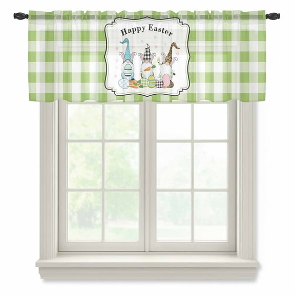 3 Cute Easter's Plaid Gnomes Check Egg Buffalo Border,Valance Curtains for Kitchen/Living Room/Bathroom/Bedroom Window,Small Topper Half Curtains Sheer Scarf,Geometric Egg Buffalo Border 42"x12"