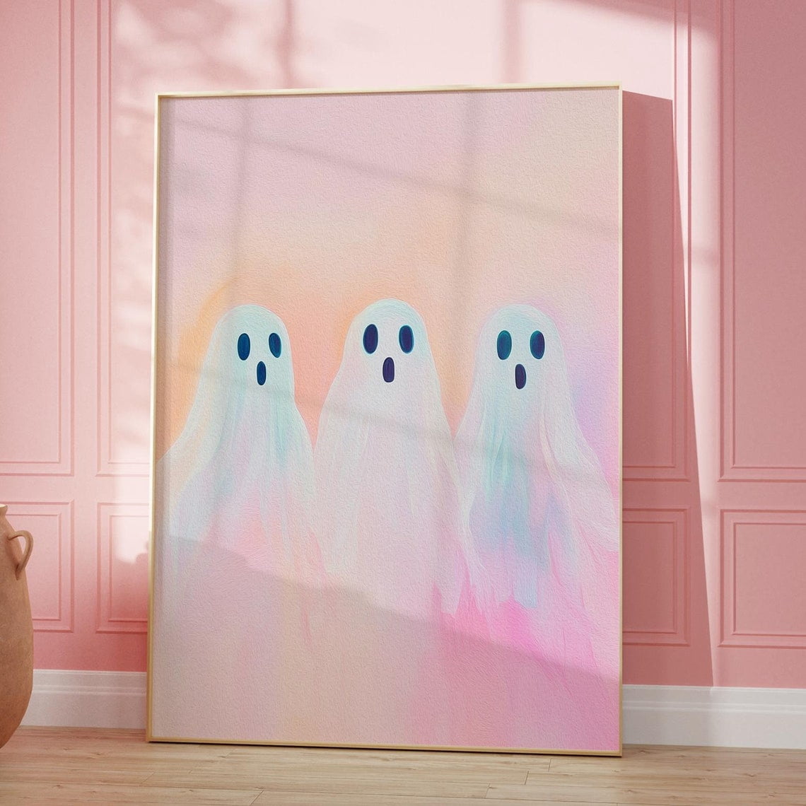 3 Cute Ghost Pastel Colors Background, Ghost Painting, Pinkoween Decor