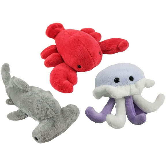 3 Cute Mini Ocean Animal Plush Stuffed Animals- Adorable Mini Plushie - Hammerhead Shark, Jellyfish, Lobster