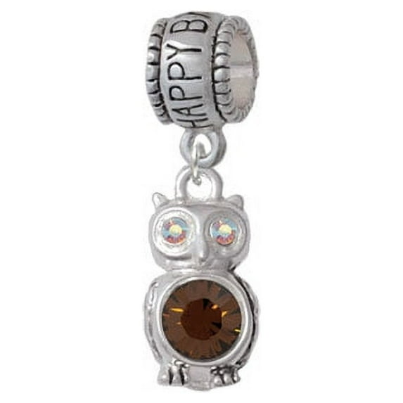 3-D Brown & AB Crystal Owl - Happy Birthday Charm Bead