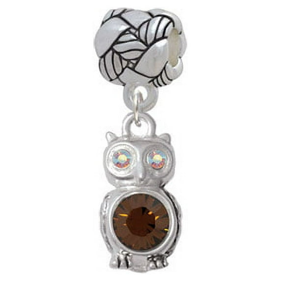 3-D Brown & AB Crystal Owl - Woven Rope Charm Bead
