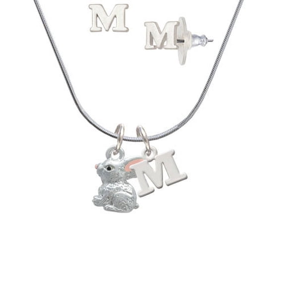 3-D Bunny - M Initial Charm Necklace and Stud Earrings Jewelry Set