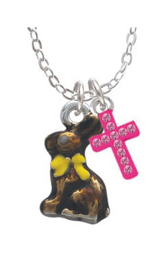 3-D Chocolate Bunny - Hot Pink Crystal Cross Sophia Necklace, 18"+1"