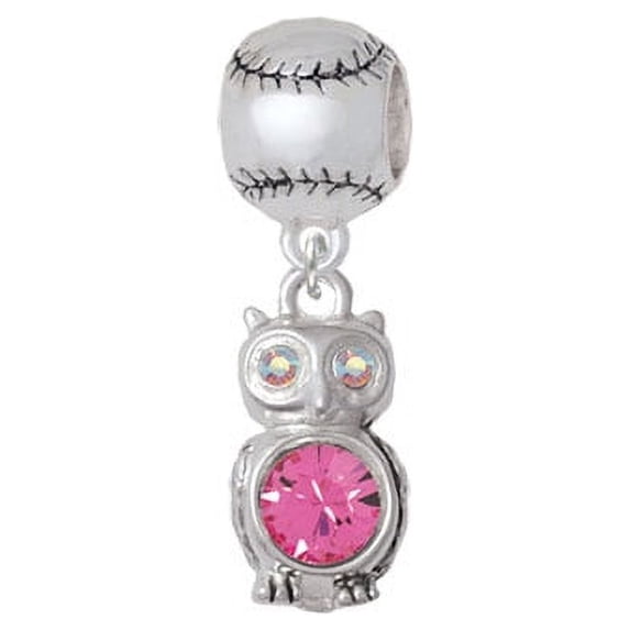 3-D Hot Pink & AB Crystal Owl - Softball Charm Bead