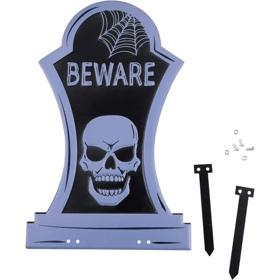 3D Metal Halloween Ghost Cemetery XL 17" Tombstone w Steaks -BEWARE- Durable, Rustproof, UV Raised Printing- Upgrade Your Haunted House Mansion w Cemetery Lawn Decor- No More Flimsy Foam Graveyards