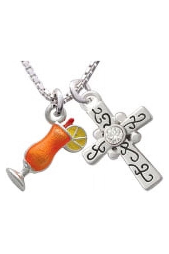 3-D Orange Tropical Drink Scroll Cross Necklace, 18"+2"