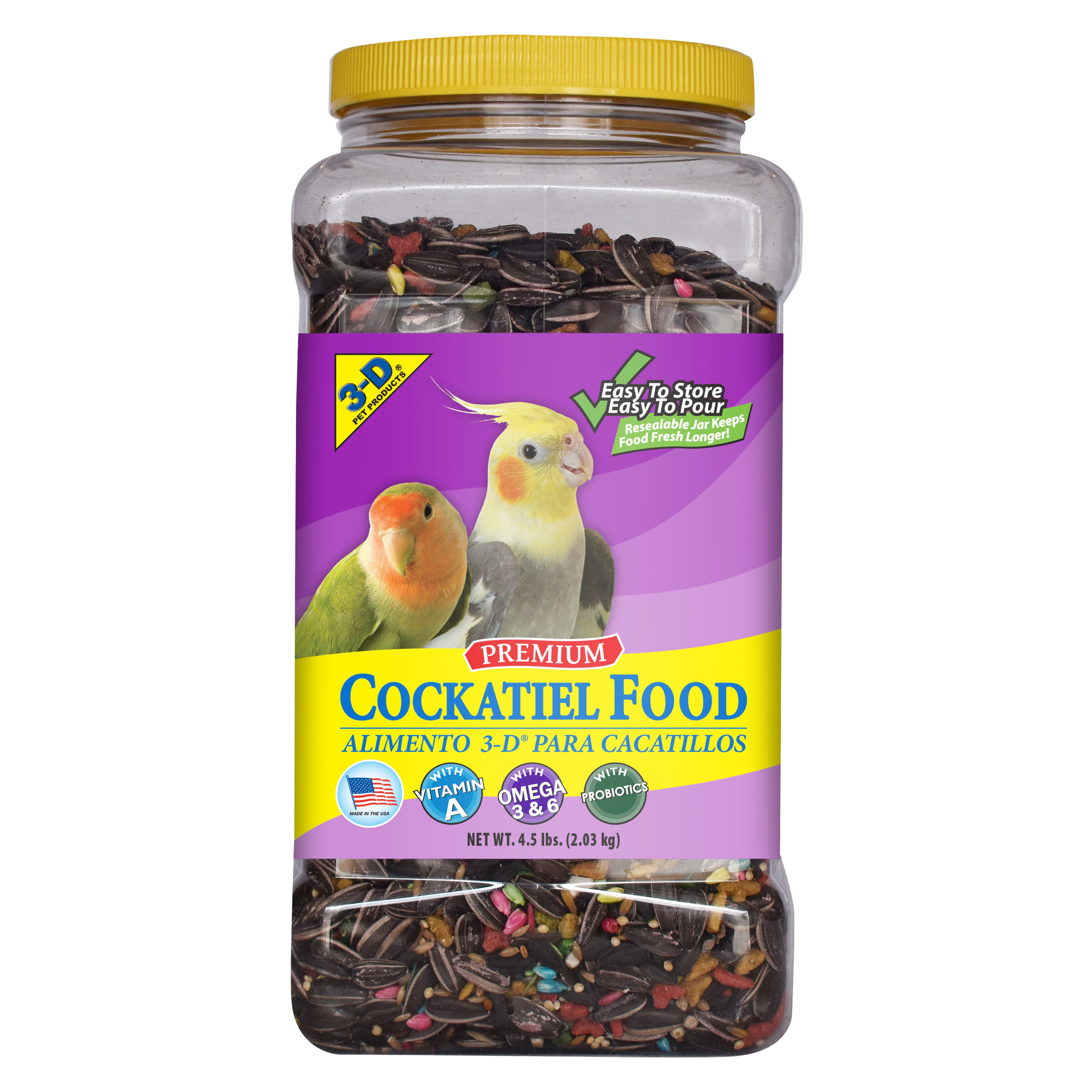 3-D Pet Products Premium Cockatiel Bird Food Seeds, with Probiotics, 4.5 lb. Stay Fresh Jar - image 1 of 15