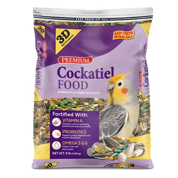3-D Pet Products Premium Cockatiel Mix Bird Food Seeds, with Probiotics, 9 lb. Bag