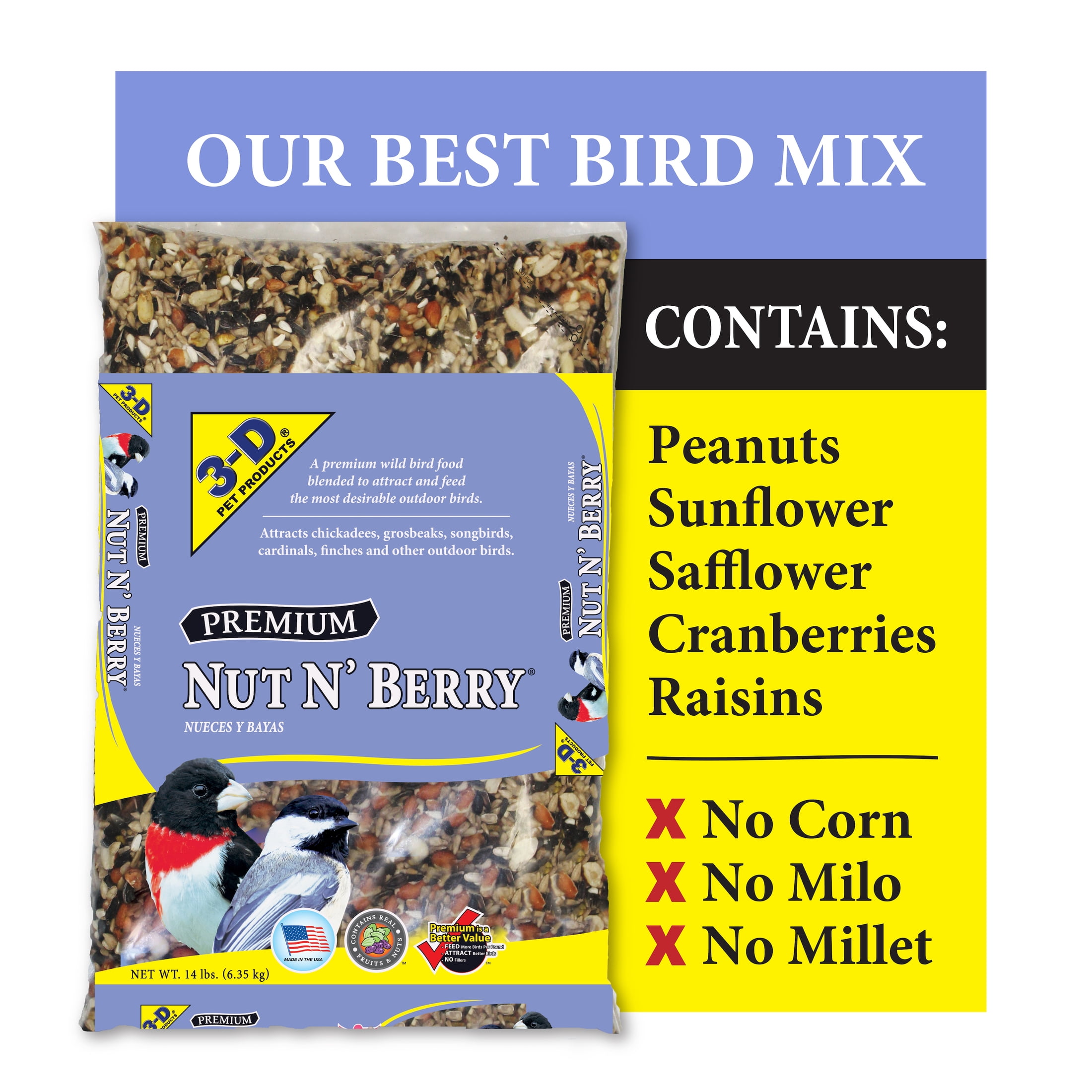 3-D Pet Products Premium Nut N' Berry Blend Dry Wild Bird Food, 14 lb.,  Does Not Contain Fillers, 1 Pack