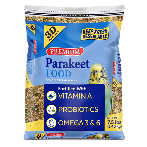 3-D Pet Products Premium Parakeet Bird Food, with Probiotics,
7.5 lb. Zipper Seal Bag, for Daily Feeding