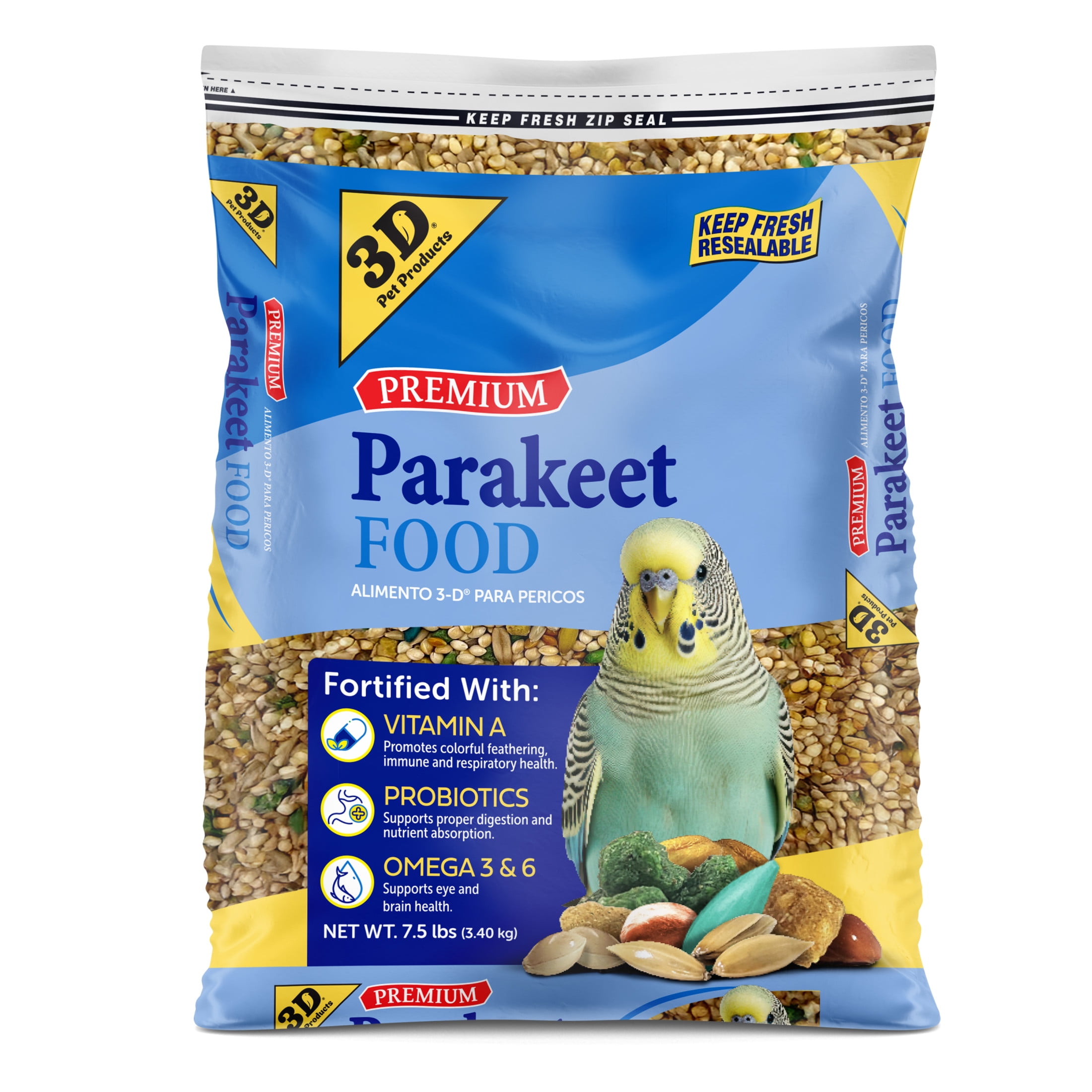 3-D Pet Products Premium Parakeet Bird Food, with Probiotics, 
7.5 lb. Zipper Seal Bag, for Daily Feeding