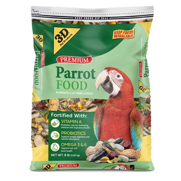 3-D Pet Products Premium Parrot Bird Food Seeds, with Probiotics, 8 lb. Bag, Dry