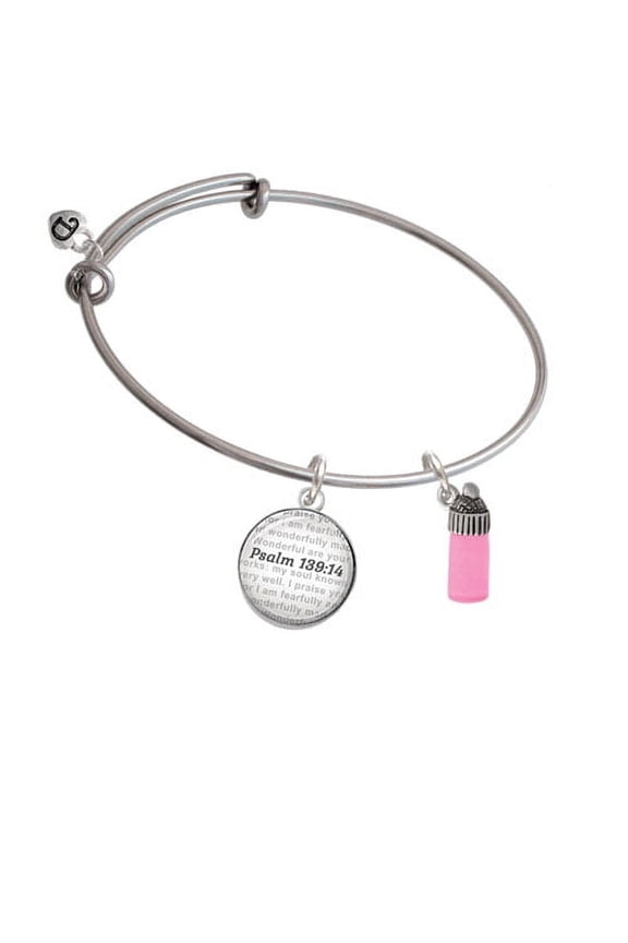 3-D Pink Baby Bottle - Bible Verse Psalm 139:14 Glass Dome Bangle Bracelet