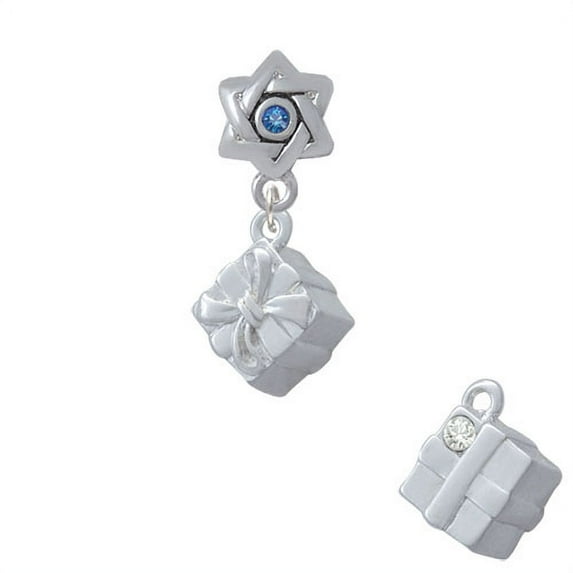 3-D Present Box with Bow and Crystal - Star of David with Blue Crystal Charm Bead