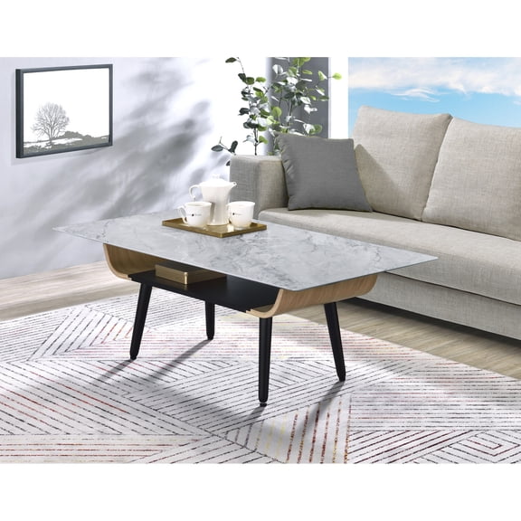 3-D Printed Textured Top | Solid Wood Coffee Table with Dichromatic Shelf | Enhances Visual Appeal