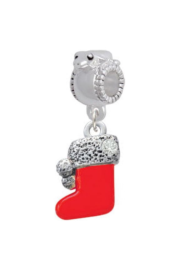 3-D Red Stocking with Fur and Clear Crystal - Frog Charm Bead