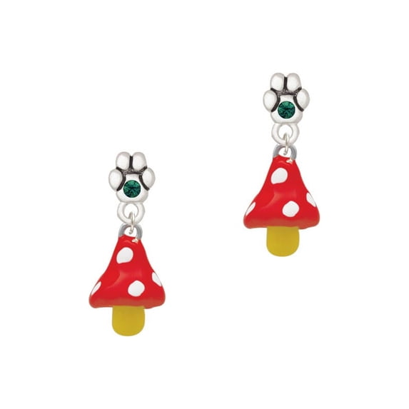 3-D Red and White Mushroom - Green Crystal Paw Earrings