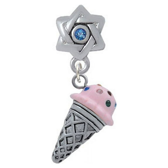 3-D Resin Strawberry Ice Cream Cone with Crystals - Star of David with Blue Crystal Charm Bead
