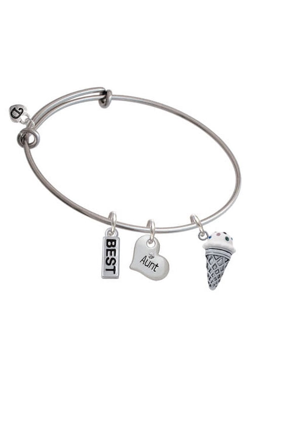 3-D Resin Vanilla Ice Cream Cone with Crystals Aunt Heart Expandable Bangle Bracelet