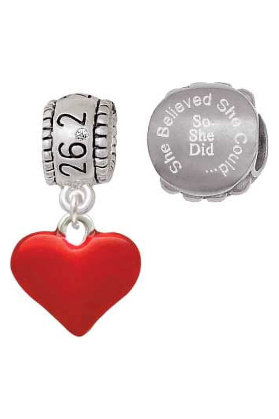 3-D Translucent Red Puff Heart 26.2 Marathon Run She Believed She Could Charm Beads (Set of 2)