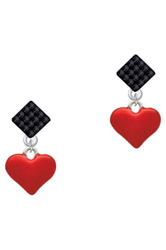 3-D Translucent Red Puff Heart Black Crystal Diamond-Shape Earrings