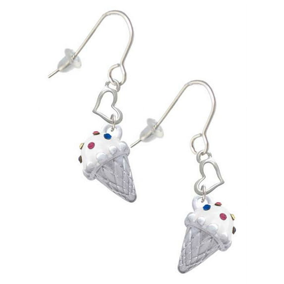 3-D Vanilla Ice Cream Cone with Crystal Sprinkles Heart French Earrings