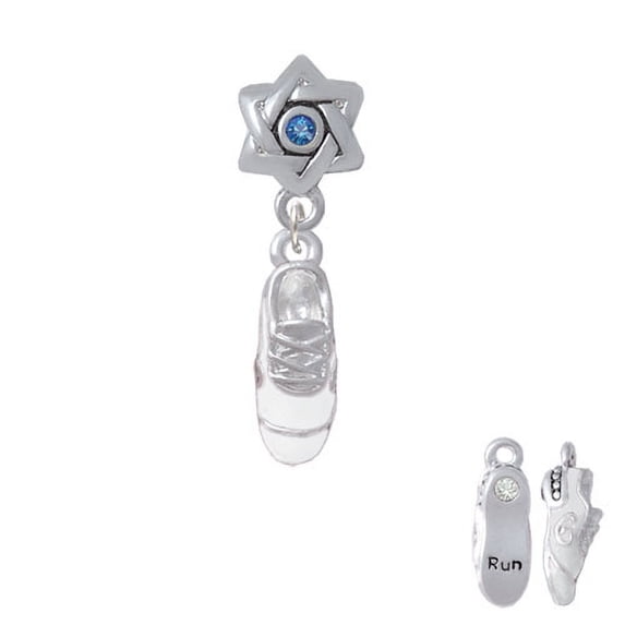 3-D White Running Shoe - Star of David with Blue Crystal Charm Bead