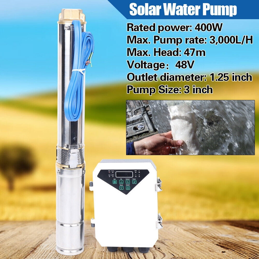 3" DC Stainless Steel Solar Water Pump Submersible Deep Bore Well Pump 48V 400W +MPPT Controller 3000L/792.5Gal/H 2.95*24.21in for Water Tanks, Reservoirs, Village or Household Water Supply