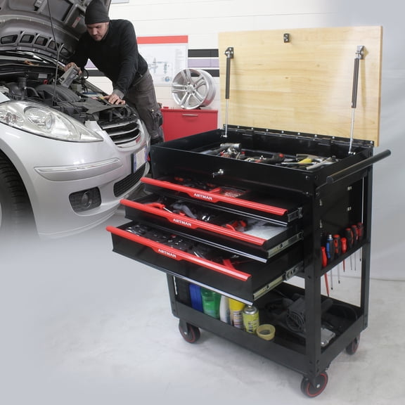 3 Drawers Multifunctional Tool Cart with Wheels and Wooden Top--black&red