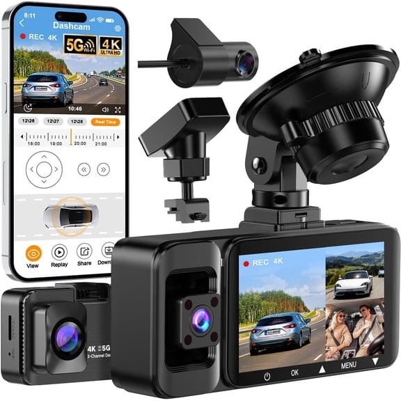 3  Dash Cam,   4K+1080P+1080P & 170?+150?+150? Wide-Angle Dash Cam Front and Rear Inside, 64GB Card Included, G-Sensor, Loop Recording, 24H Parking , Night Vision, 5GHz WiFi